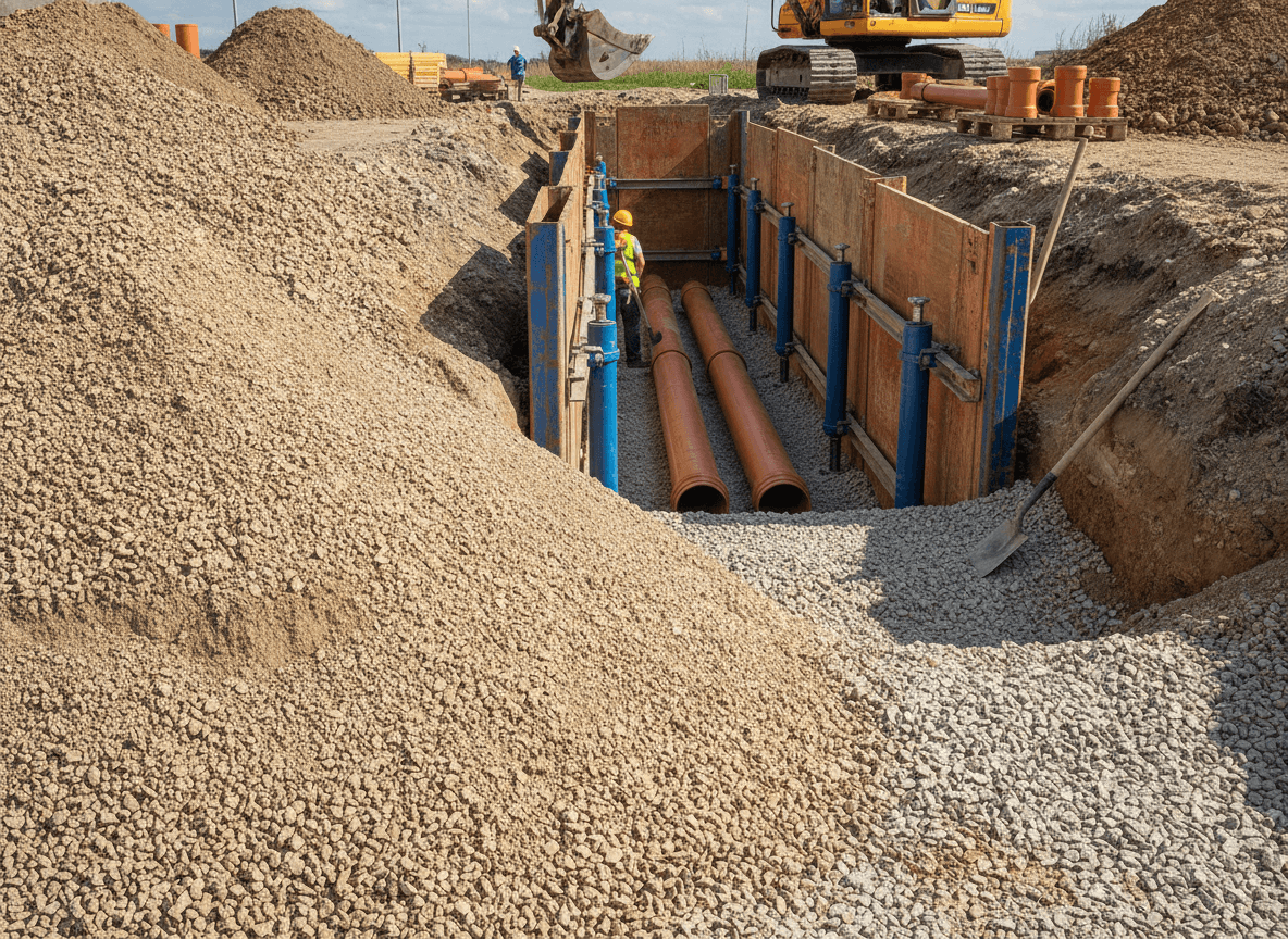 Rohrgraben mit neuen Kanalrohren